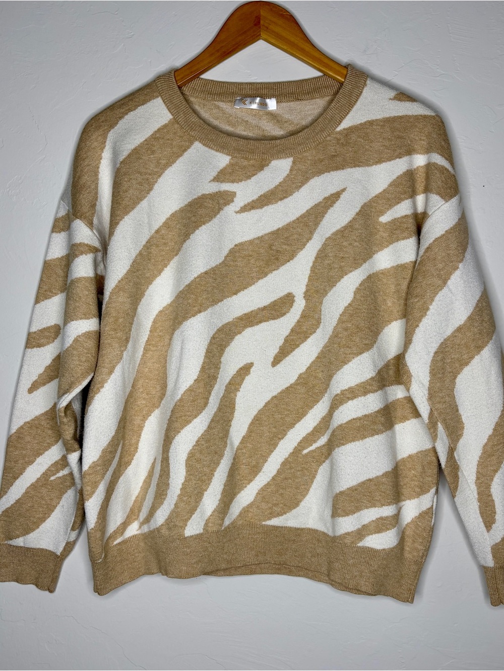 Animal print Kirundo Women's Sweater Large Tan brown White Zebra Stripe Crewneck